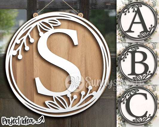 Family Initial Monogram Sign, 26 letters, Round door sign svg, Glowforge laser file, Cricut, Farmhouse decor svg