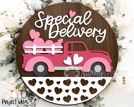 Special Delivery Heart Truck Sign, Digital Download, SVG Laser Cut File, Cricut, Round Door Hanger Design, Farmhouse Valentine's Day Decor