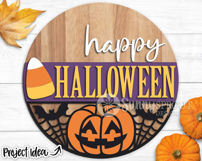 Happy Halloween Candy Corn Jack-o-lantern Sign, Digital Download, SVG Laser Cut File, Cricut, Round Halloween Door Hanger Design