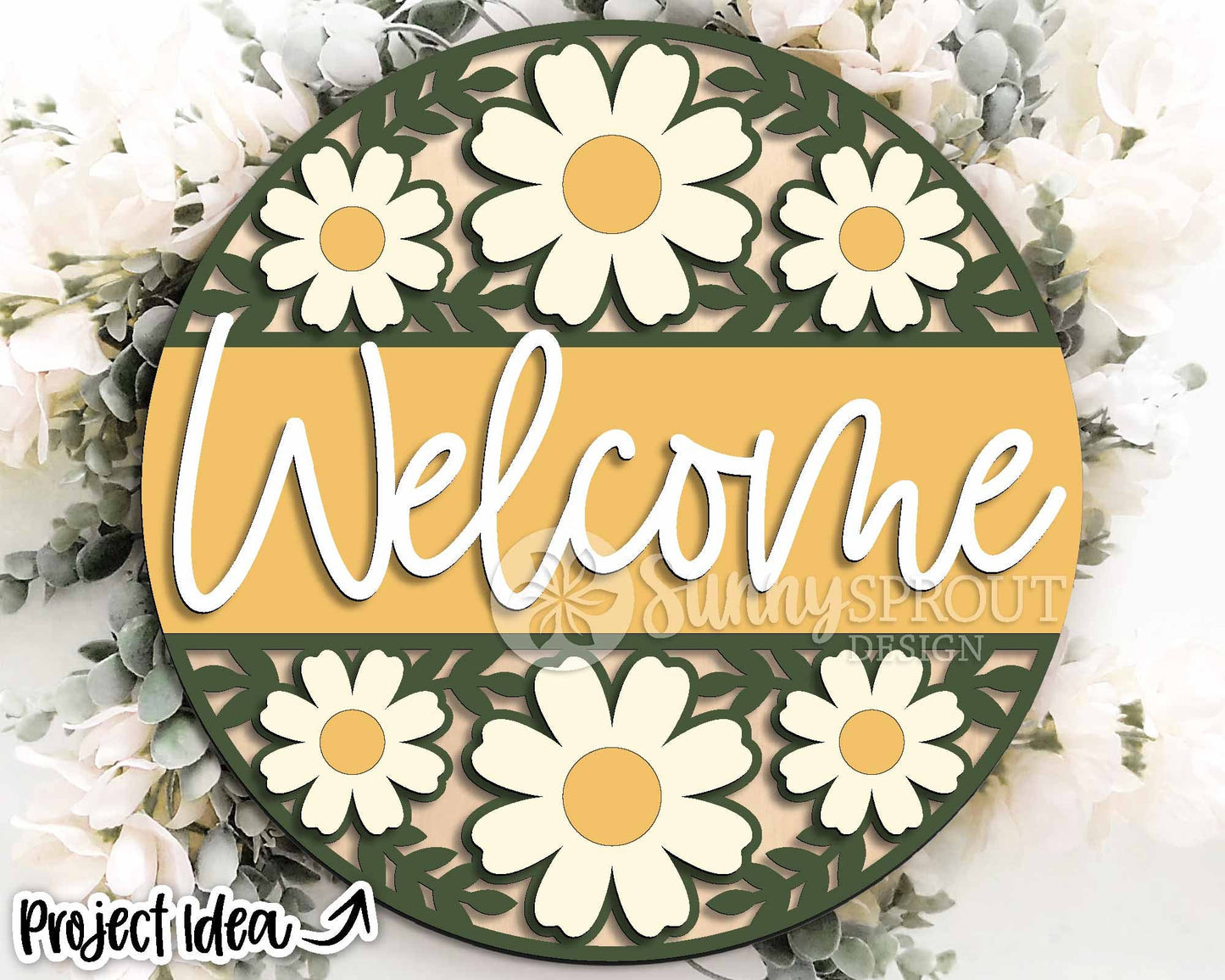 Welcome Flower Pattern Sign, Digital download, SVG Laser cut file, Cricut, Round door hanger design, Spring summer floral decor