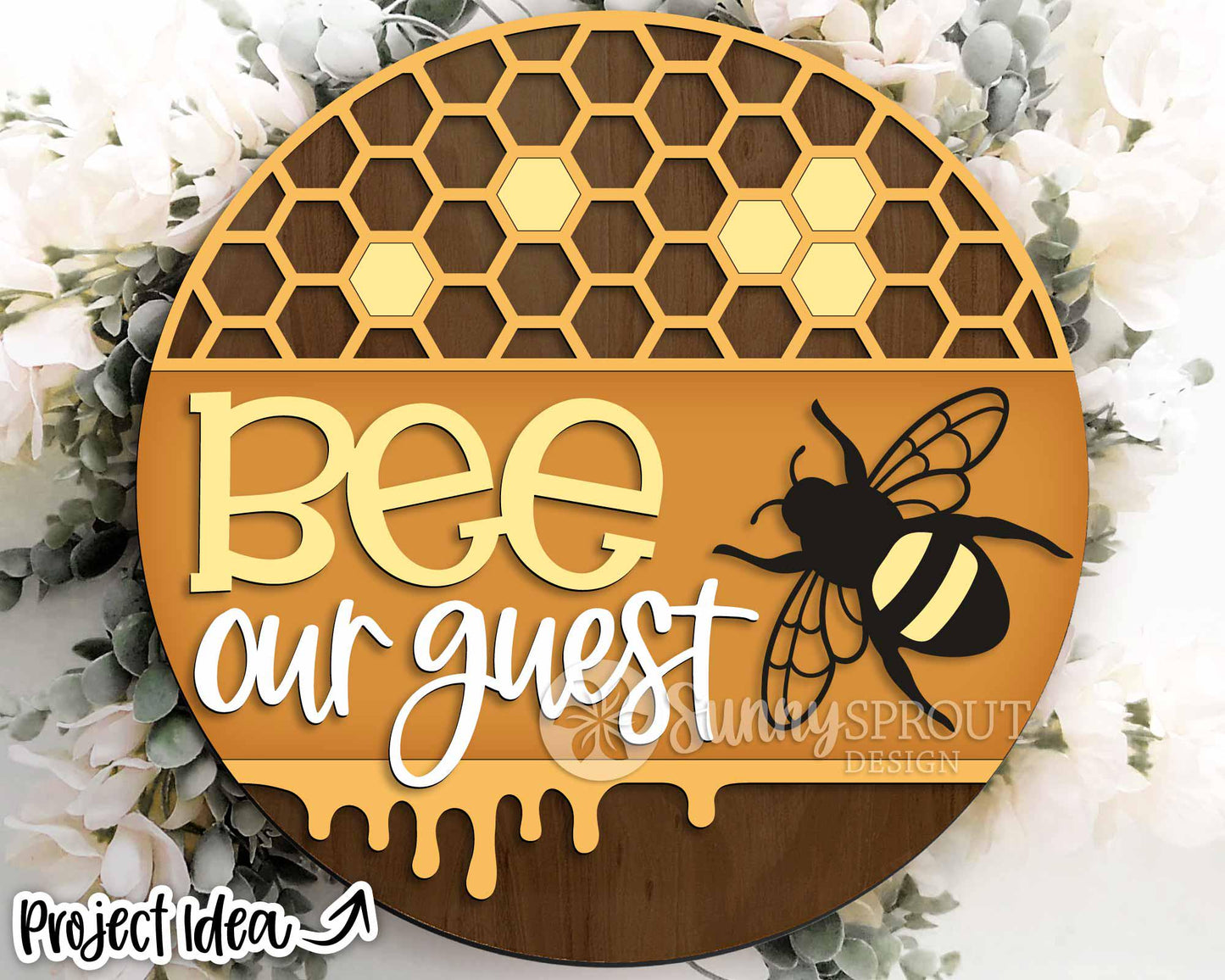 Bee Our Guest Honeycomb Sign, Digital Download, SVG Laser Cut File, Cricut, Summer Round Door Hanger Design