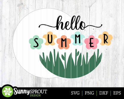 Hello Summer Flower Sign, Digital Download, SVG Laser Cut File, Cricut, Round Door Hanger Design