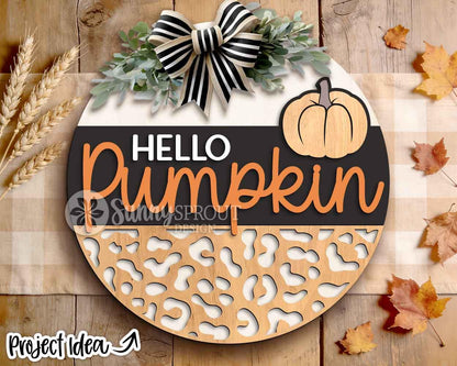 Hello Pumpkin Leopard Print Sign, Digital Download, SVG Laser Cut File, Cricut, Fall Round Door Hanger Design