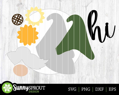 Hi Sunflower Gnome Sign, Digital Download, SVG Laser Cut File, Cricut, Summer Garden Round Door Hanger Design