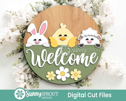 Welcome Bunny Chick & Lamb Sign, Digital download, SVG Laser cut file, Cricut, Round door hanger design, Spring Easter decor