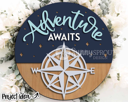 Adventure Awaits Compass Sign, Digital download, SVG Laser cut file, Cricut, Round door hanger design, Camping cabin outdoor decor