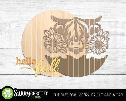Hello Fall Highland Cow Sunflower Sign, Digital Download, SVG Laser Cut File, Cricut, Round Fall Door Hanger Design, Farm Decor