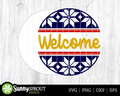 Welcome Fairisle Round, Round door hanger svg, Glowforge laser file, Cricut cut file, Winter welcome sign, Ski lodge decor