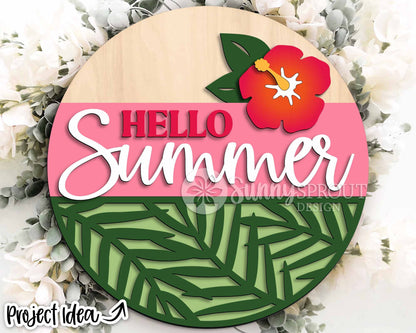 Hello Summer Tropical Flower Sign, Digital Download, SVG Laser Cut File, Cricut, Round Door Hanger Design