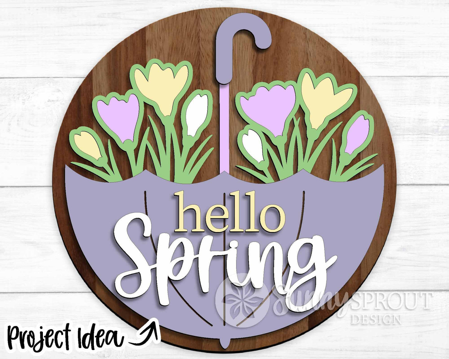 Hello Spring Umbrella Crocus Flower Sign, Digital download, SVG Laser cut file, Cricut, Round door hanger design