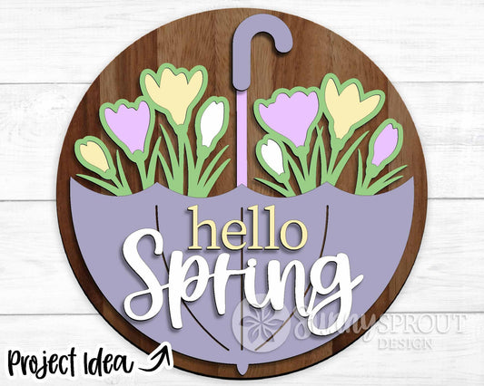 Hello Spring Umbrella Crocus Flower Sign, Digital download, SVG Laser cut file, Cricut, Round door hanger design