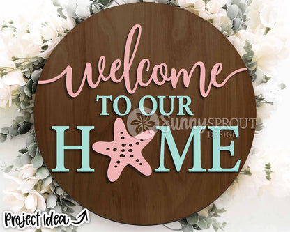 Welcome To Our Home Starfish Sign, Digital download, SVG Laser cut file, Cricut, Round door hanger design, Ocean coastal beach decor