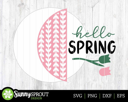 Hello Spring Vertical Pattern Tulip Sign, Digital download, SVG laser cut file, Cricut, Round door hanger design