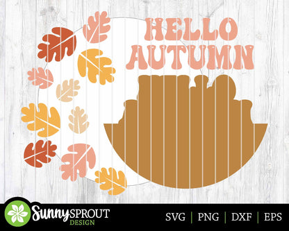 Hello Autumn Retro Leaf Sign, Digital Download, SVG Laser Cut File, Cricut, Round Fall Door Hanger Design