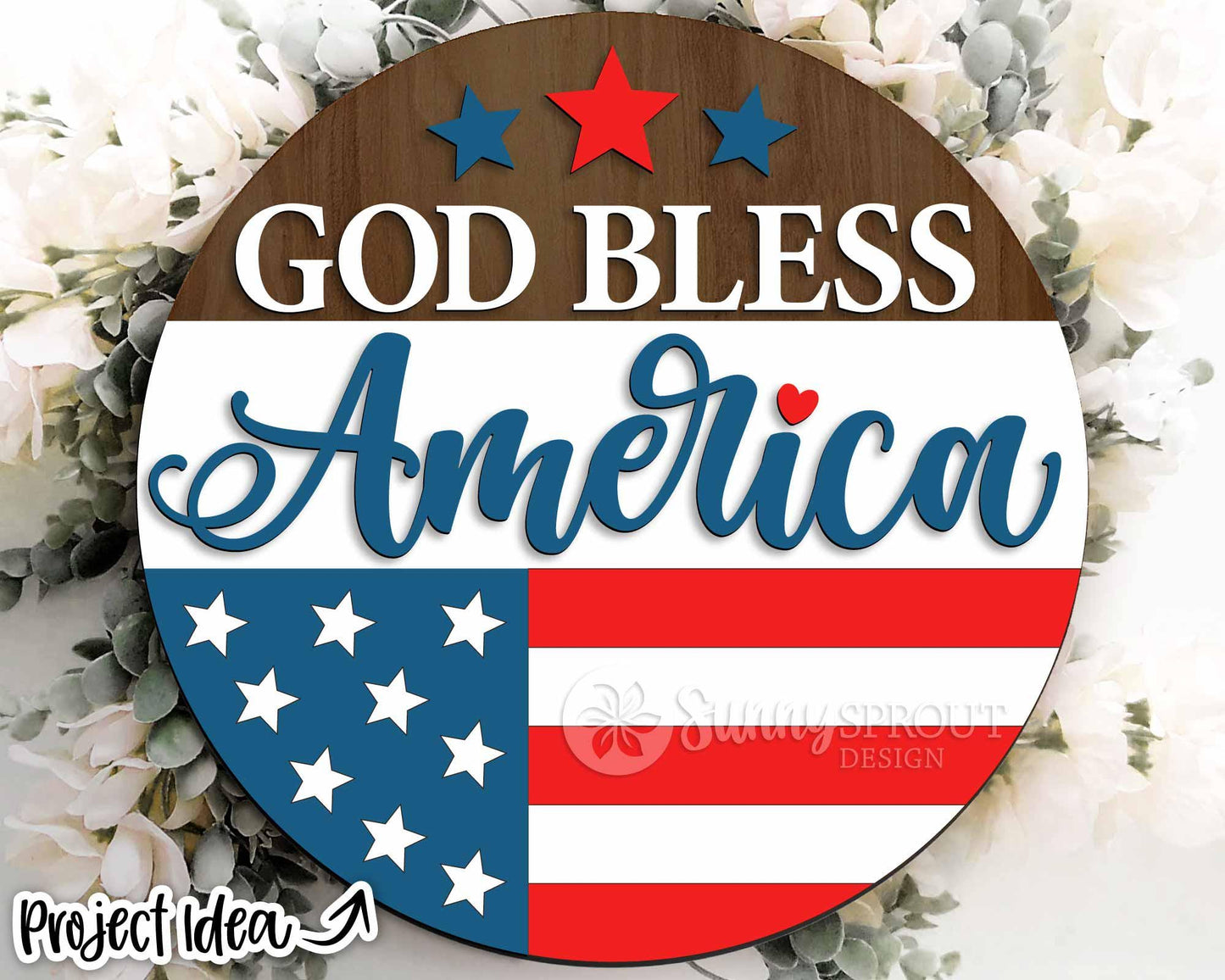 God Bless America Flag Sign, Digital Download, SVG Laser Cut File, Cricut, Round Door Hanger Design, Patriotic 4th of July Decor