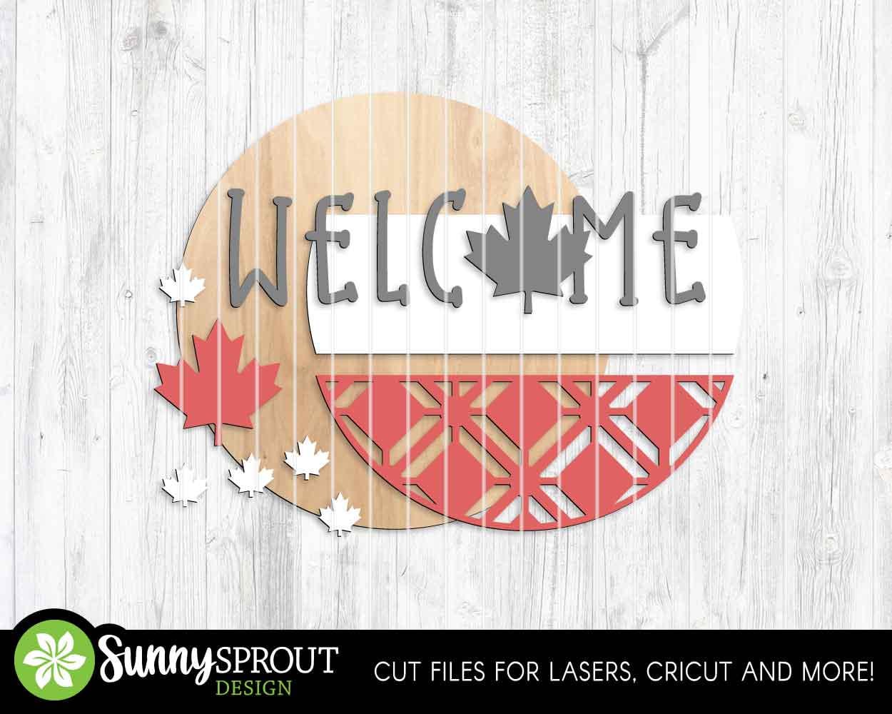 Welcome Maple Leaf Pattern Sign, Digital Download, SVG Laser Cut File, Cricut, Summer Canada Day Round Door Hanger Design