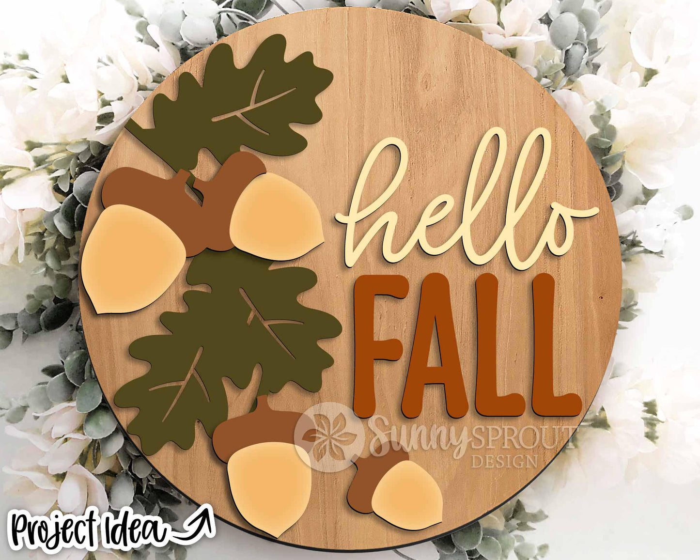Hello Fall Acorn Oak Leaves Sign, Digital Download, SVG Laser Cut File, Cricut, Round Autumn Door Hanger Design