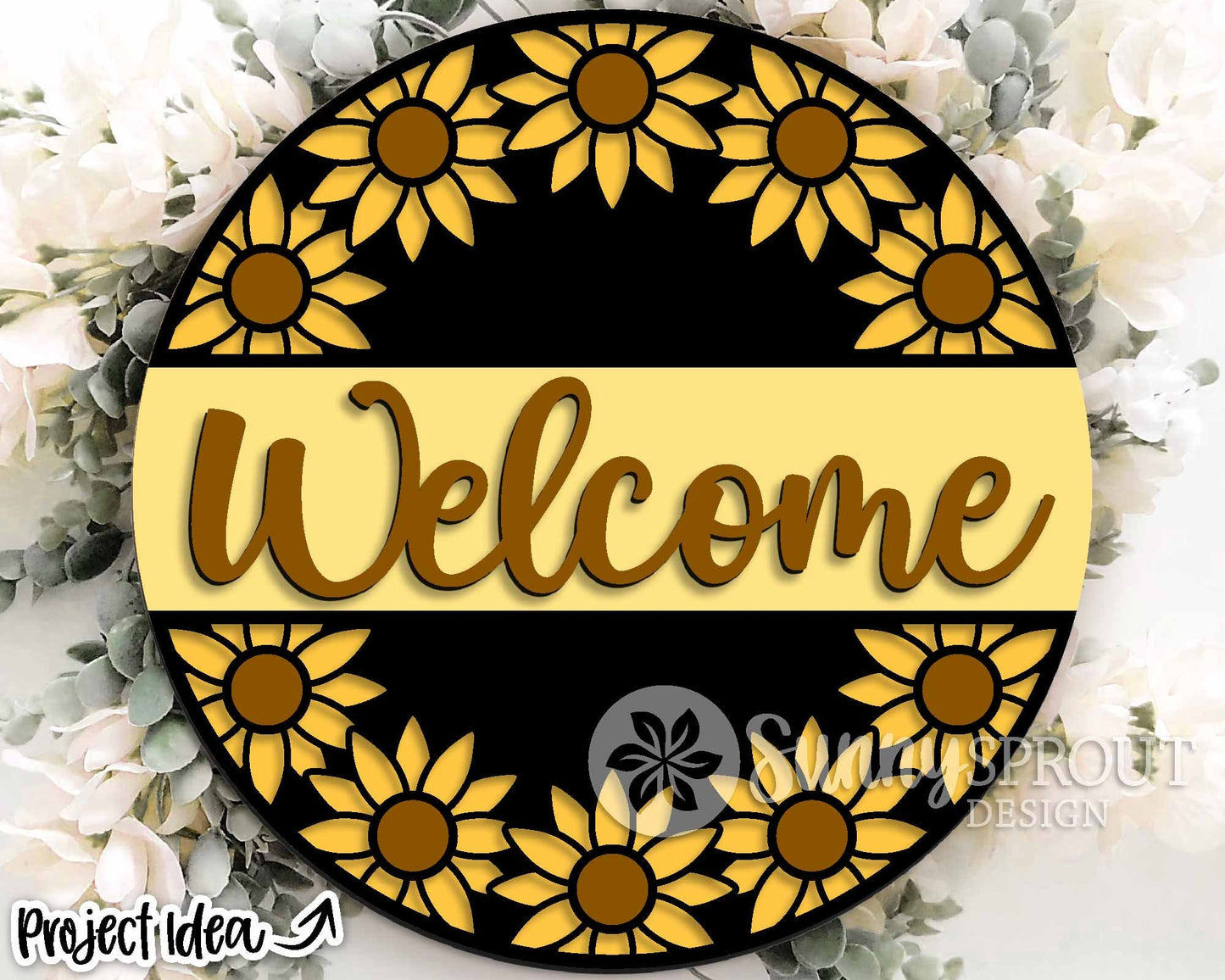 Welcome Round Sunflower Sign, Digital Download, SVG Laser Cut File, Cricut, Flower Round Door Hanger Design