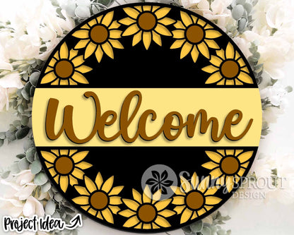 Welcome Round Sunflower Sign, Digital Download, SVG Laser Cut File, Cricut, Flower Round Door Hanger Design