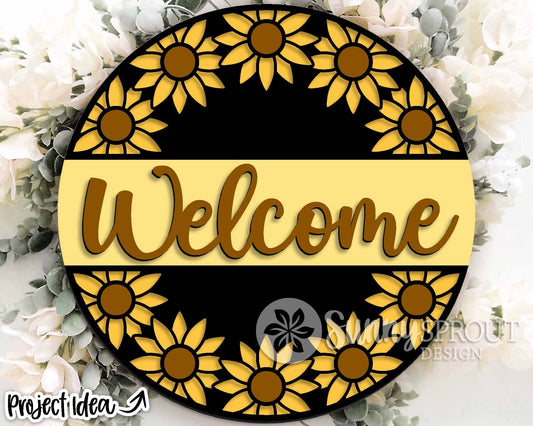 Welcome Round Sunflower Sign, Digital Download, SVG Laser Cut File, Cricut, Flower Round Door Hanger Design