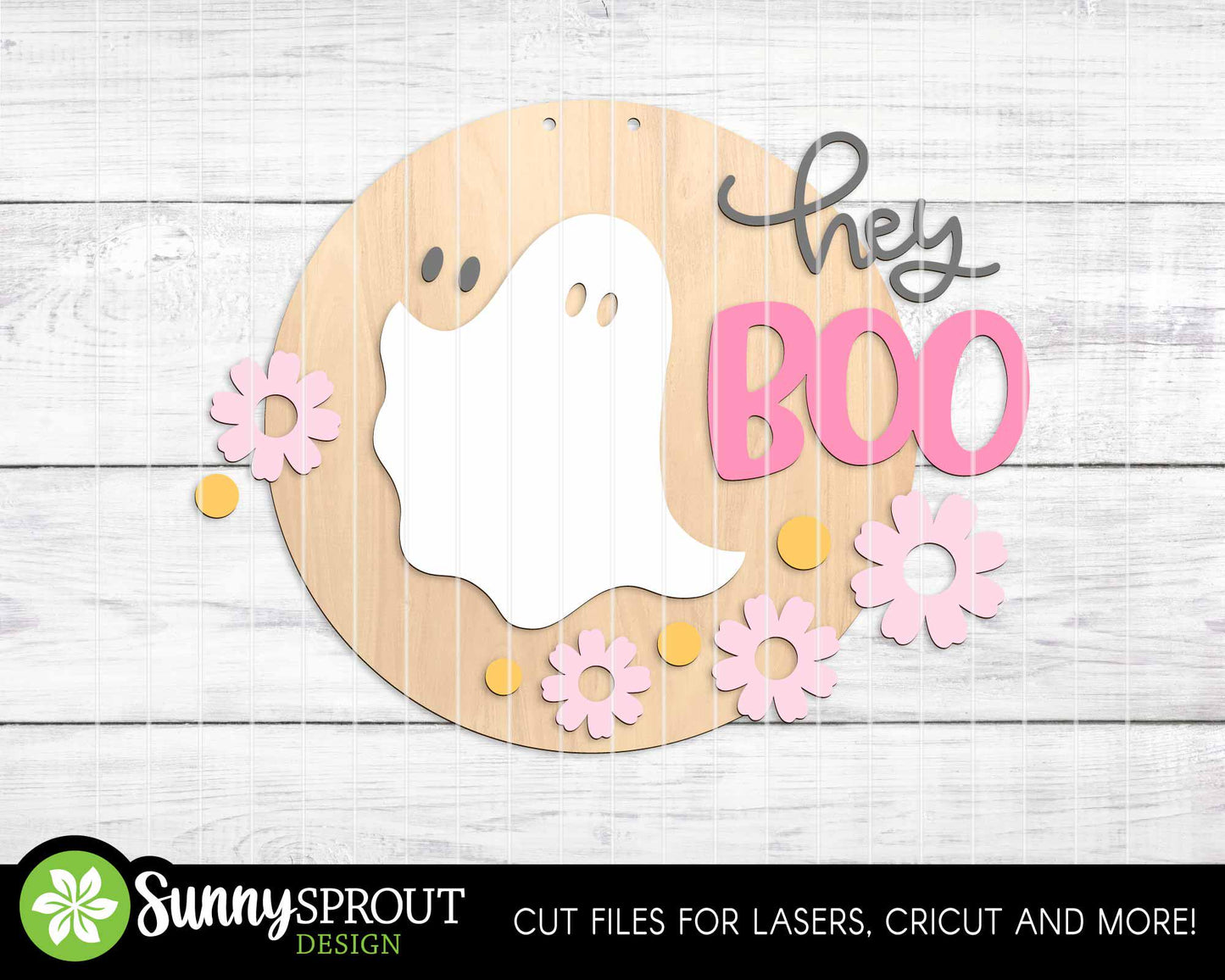 Hey Boo Ghost Flower Sign, Round door hanger SVG, Glowforge laser cut file, Cricut, Cute Halloween SVG, Spooky decor SVG