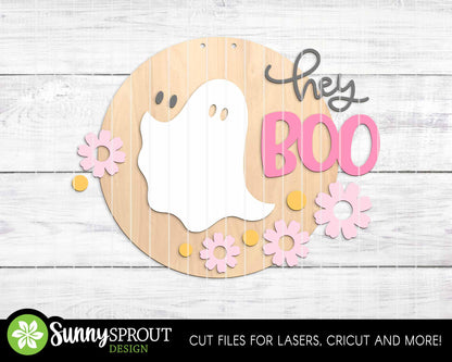 Hey Boo Ghost Flower Sign, Round door hanger SVG, Glowforge laser cut file, Cricut, Cute Halloween SVG, Spooky decor SVG