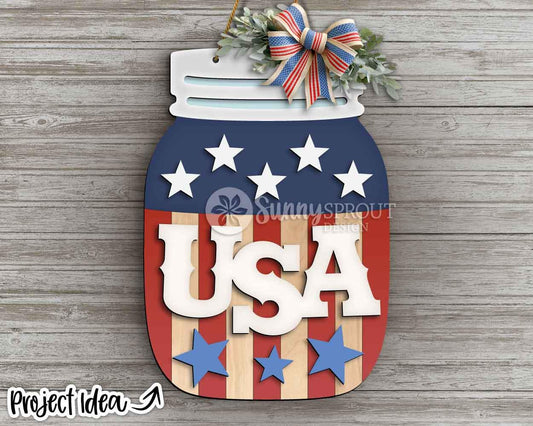 USA American Flag Mason Jar Sign, Digital Download, SVG Laser Cut File, Cricut, Door Hanger Design, Patriotic 4th of July Decor