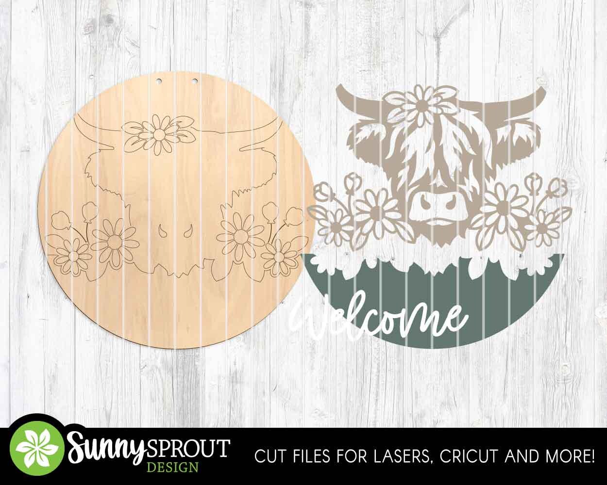 Highland Cow Wildflower Welcome Sign, Digital download, SVG Laser cut file, Cricut, Round door hanger design, Summer farm animal decor