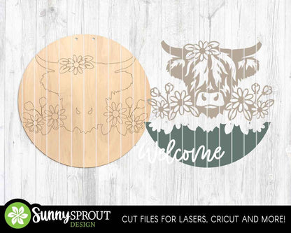 Highland Cow Wildflower Welcome Sign, Digital download, SVG Laser cut file, Cricut, Round door hanger design, Summer farm animal decor