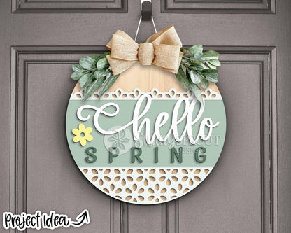 Hello Spring Lace Pattern Flower Sign, Digital download, SVG Laser cut file, Cricut, Round door hanger design
