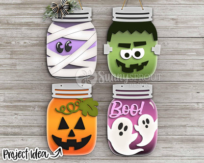 Halloween Mason Jar Sign Bundle, Door hanger svg, Glowforge laser file, Cricut, Spooky welcome sign svg, Ghost, Pumpkin