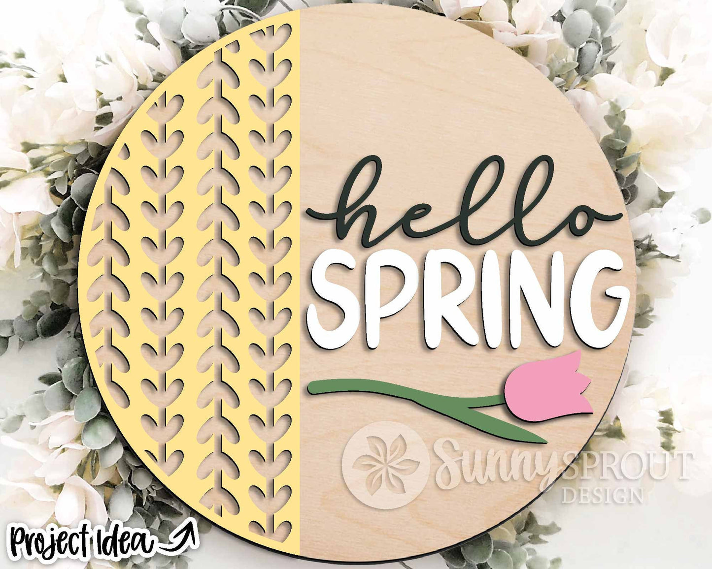 Hello Spring Vertical Pattern Tulip Sign, Digital download, SVG laser cut file, Cricut, Round door hanger design