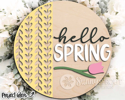 Hello Spring Vertical Pattern Tulip Sign, Digital download, SVG laser cut file, Cricut, Round door hanger design
