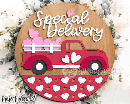 Special Delivery Heart Truck Sign, Digital Download, SVG Laser Cut File, Cricut, Round Door Hanger Design, Farmhouse Valentine's Day Decor