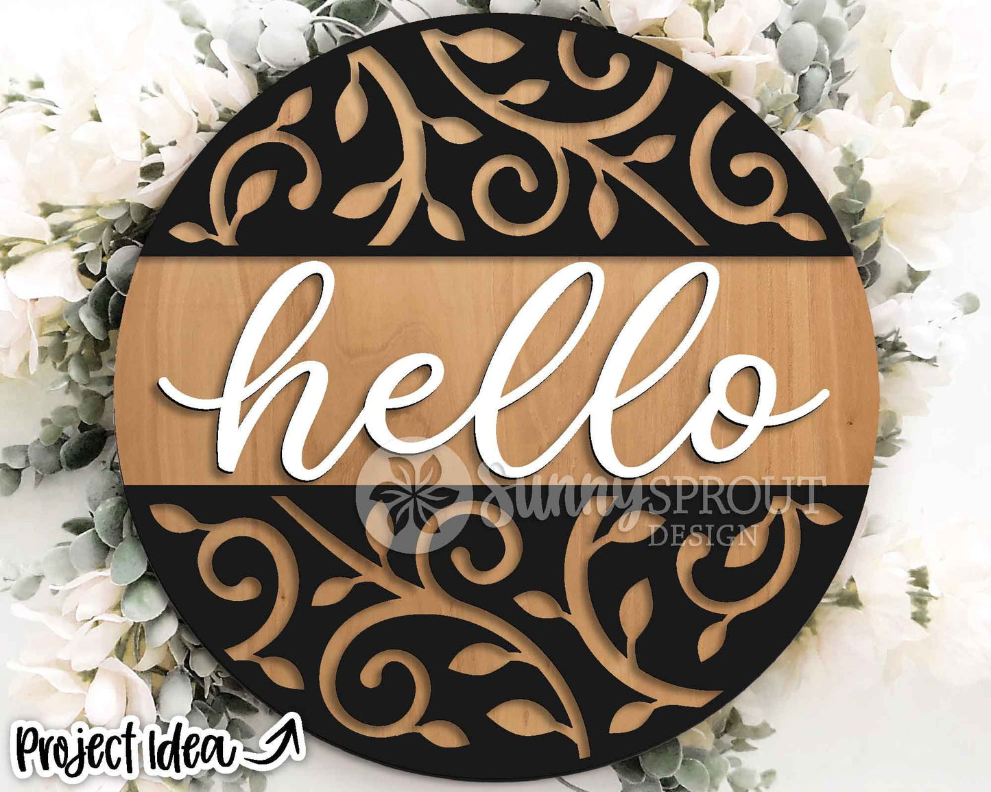 Hello Vine Pattern Sign, Digital Download, SVG Laser Cut File, Cricut, Modern Farmhouse Round Door Hanger Design