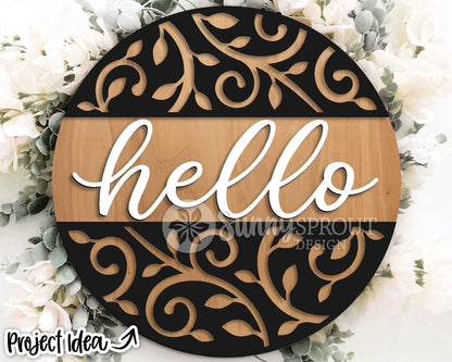 Hello Vine Pattern Sign, Digital Download, SVG Laser Cut File, Cricut, Modern Farmhouse Round Door Hanger Design