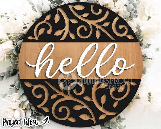 Hello Vine Pattern Sign, Digital Download, SVG Laser Cut File, Cricut, Modern Farmhouse Round Door Hanger Design