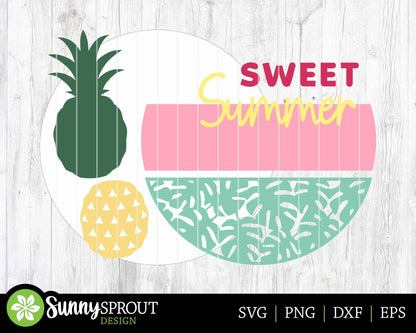 Sweet Summer Tropical Pineapple Sign, Digital Download, SVG Laser Cut File, Cricut, Round Door Hanger Design