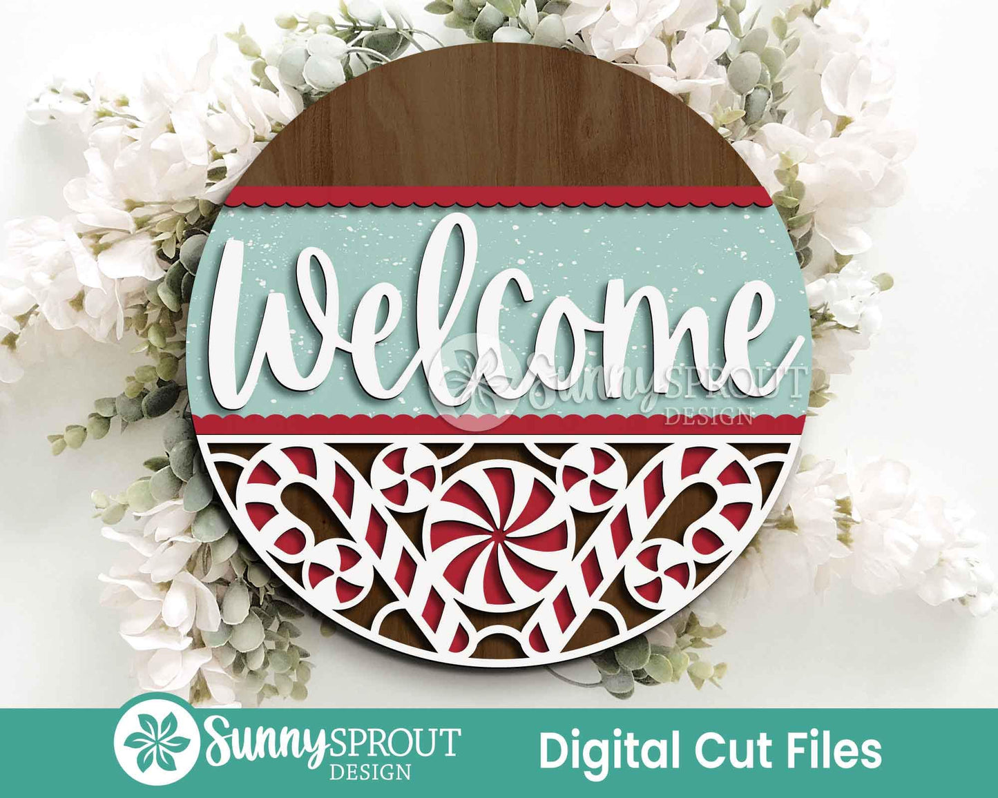 Welcome Candy Cane Pattern Sign, Digital Download, SVG Laser Cut File, Cricut, Round Door Hanger Design, Christmas Decor