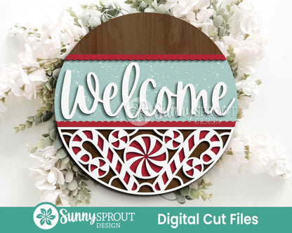 Welcome Candy Cane Pattern Sign, Digital Download, SVG Laser Cut File, Cricut, Round Door Hanger Design, Christmas Decor