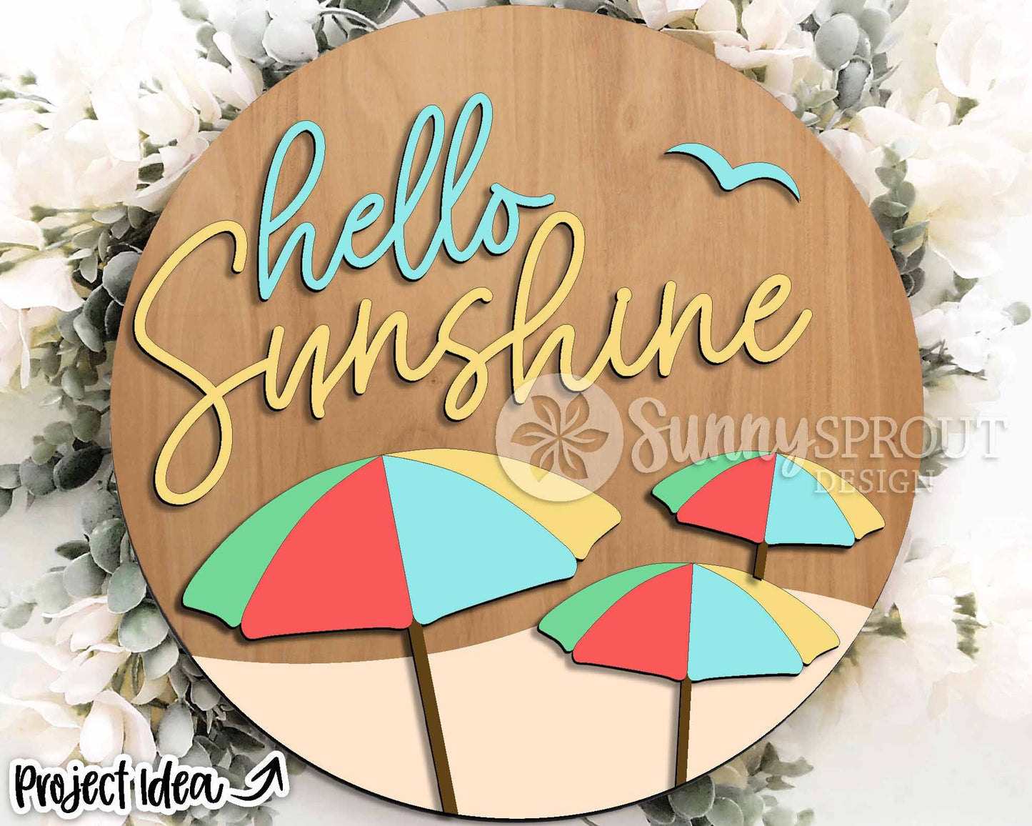 Hello Sunshine Beach Umbrella Sign, Digital download, SVG Laser cut file, Cricut, Round door hanger wall art design, Ocean coastal decor