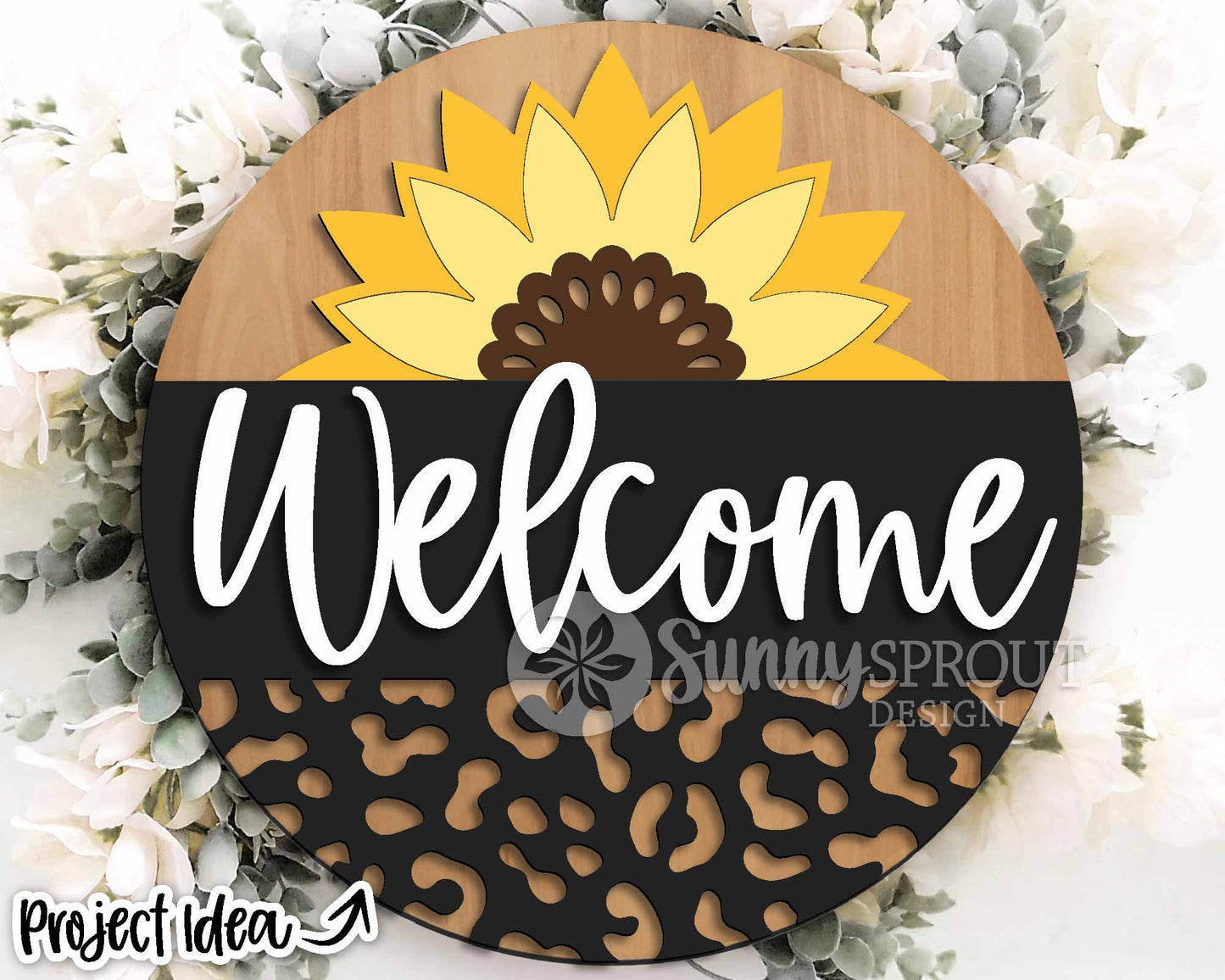 Welcome Leopard Sunflower Sign, Digital Download, SVG Laser Cut File, Cricut, Animal Summer Round Door Hanger Design