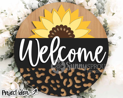 Welcome Leopard Sunflower Sign, Digital Download, SVG Laser Cut File, Cricut, Animal Summer Round Door Hanger Design