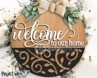 Welcome to Our Home Vines Sign, Digital Download, SVG Laser Cut File, Cricut, Modern Farmhouse Round Door Hanger Design