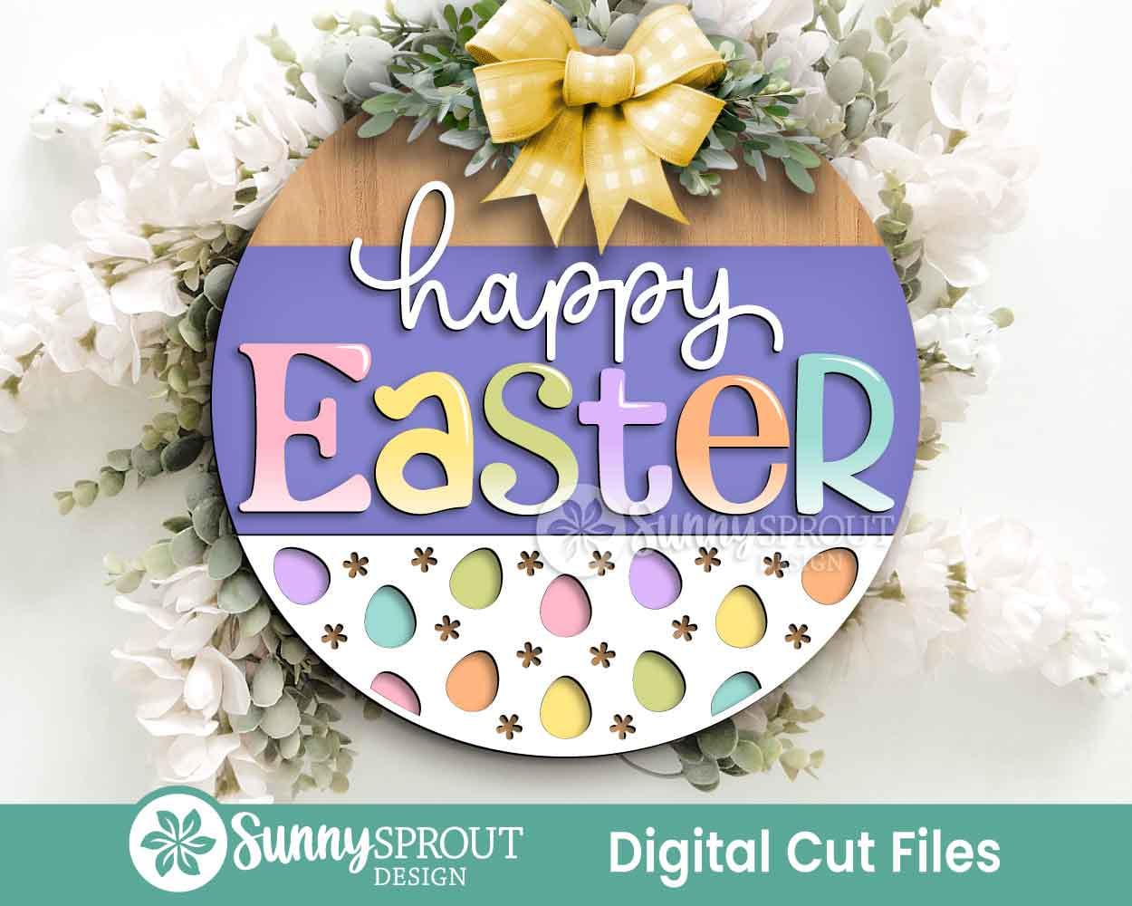 Happy Easter Egg Pattern Sign, Digital download, SVG Laser cut file, Cricut, Round door hanger design, Spring decor