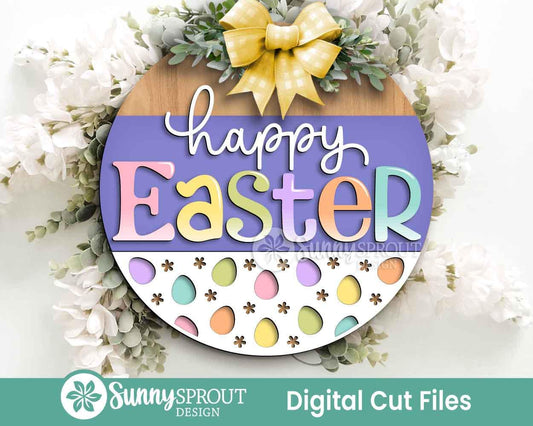 Happy Easter Egg Pattern Sign, Digital download, SVG Laser cut file, Cricut, Round door hanger design, Spring decor