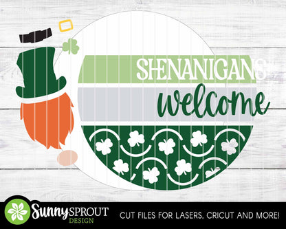 Shenanigans Welcome Gnome Sign, Digital Download, SVG Laser Cut File, Cricut, Round Door Hanger Design, St. Patrick's Day Decor
