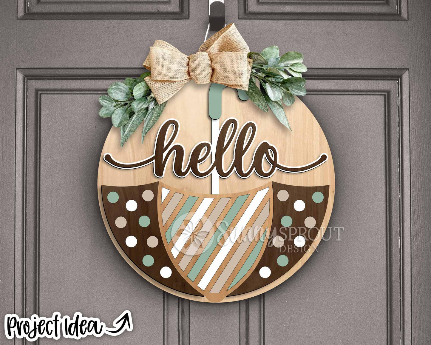 Hello Upside Down Umbrella Sign, Digital download, SVG Laser cut file, Cricut, Round door hanger design, Spring Easter decor