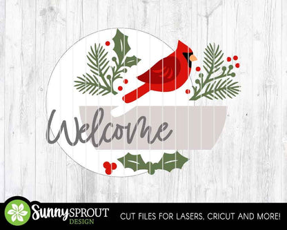 Welcome Cardinal Pine & Holly Sign, Digital Download, SVG Laser Cut File, Cricut, Round Door Hanger Design, Winter Christmas Decor