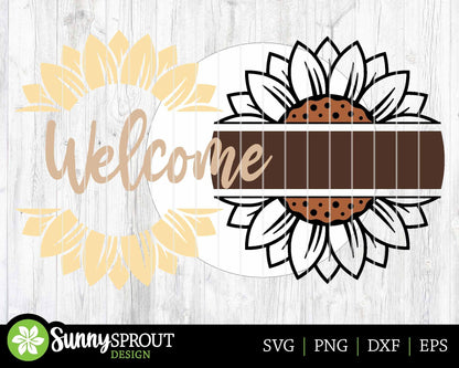 Welcome Split Sunflower Sign, Digital Download, SVG Laser Cut File, Cricut, Round Summer Fall Door Hanger Design